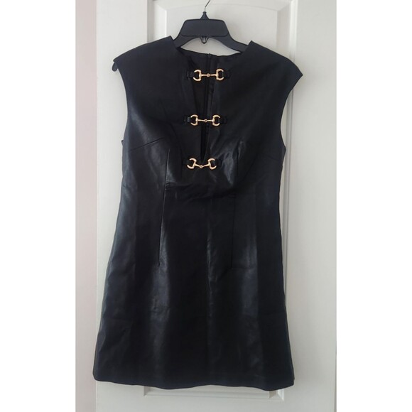 NWT COMMENSE Faux Leather Buckle Mini Dress Sleeveless V Neck Party Club Black M - Picture 2 of 11